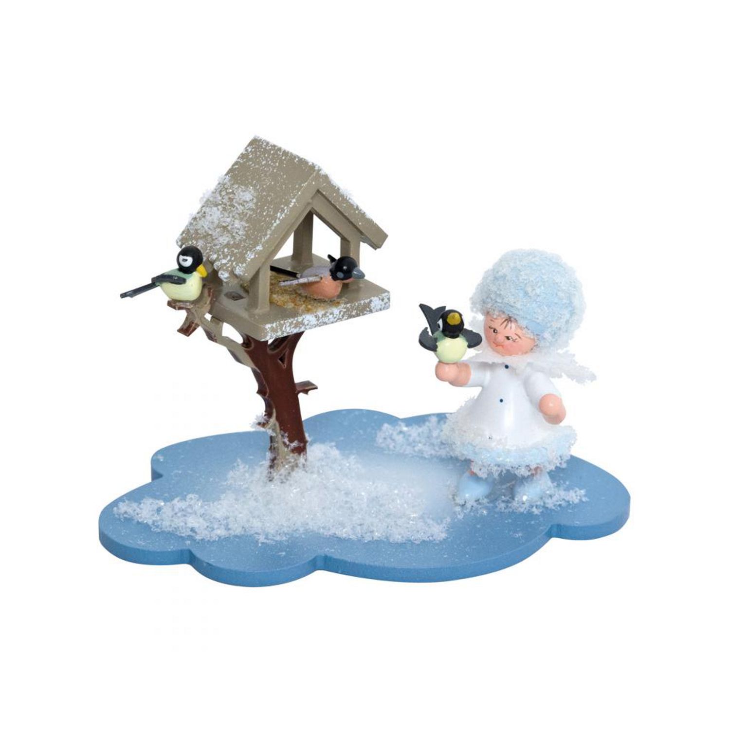 Schneeflöckchen auf Wolke mit Futterhaus