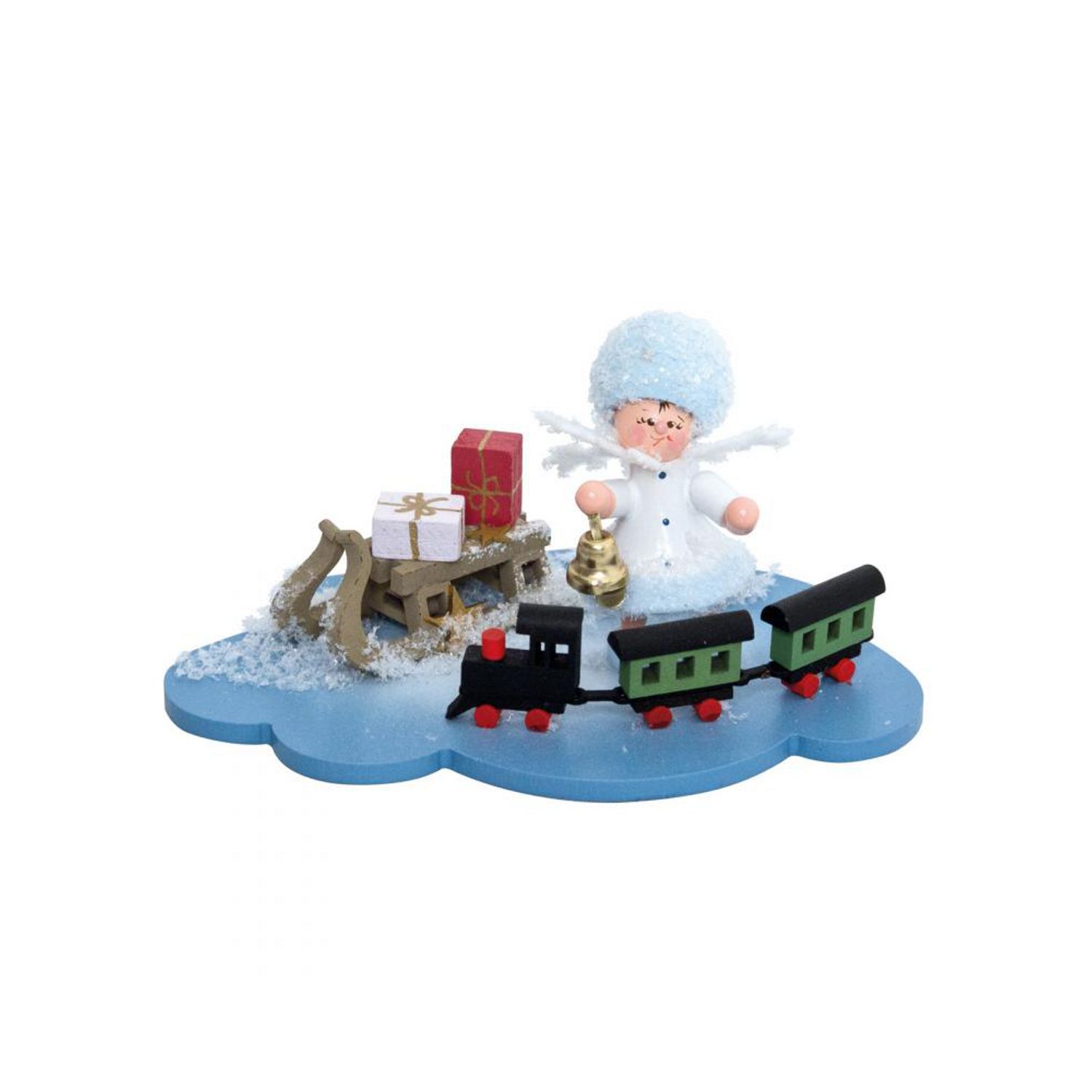Schneeflöckchen auf Wolke mit Eisenbahn