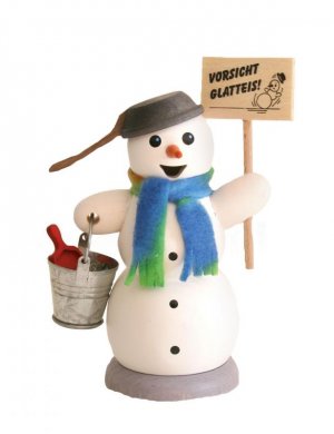 Räuchermann Schneemann mit Schild "Glatteis"