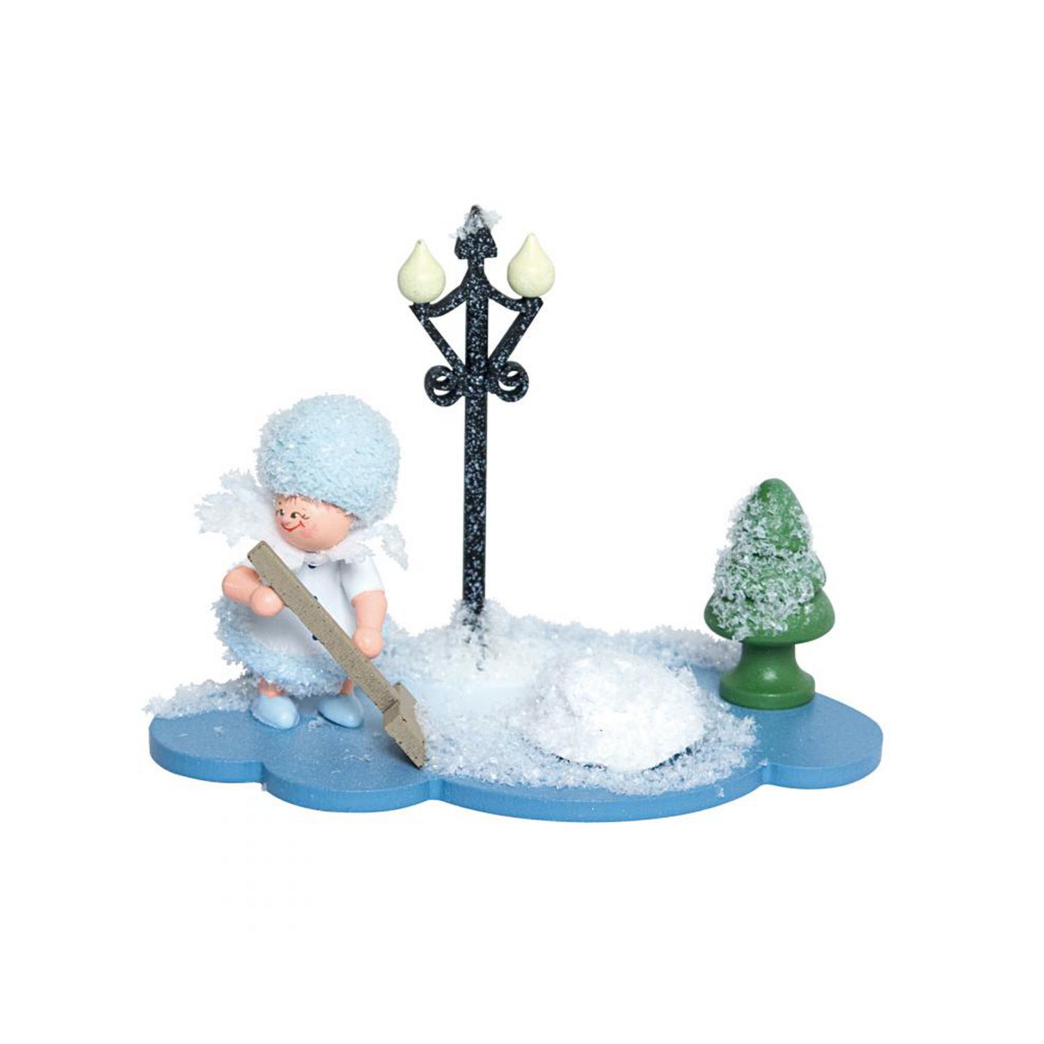Schneeflöckchen auf Wolke mit Schneeschippe