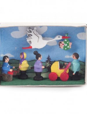 Zündholzschachtel - Storch mit Kindern