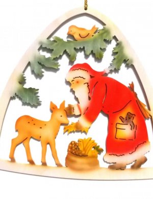 Fensterbild Weihnachtsmann mit Reh, farbig