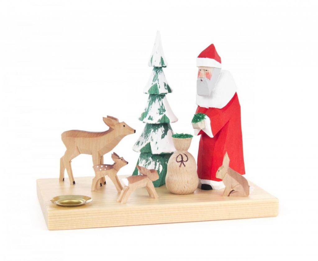 Weihnachtsmann mit Waldtieren und Tannenbaum