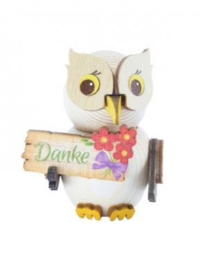 Holzfigur Mini-Eule mit Danke-Schild