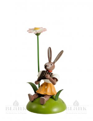 Blank Osterhase sitzend mit Gänseblümchen und Panflöte