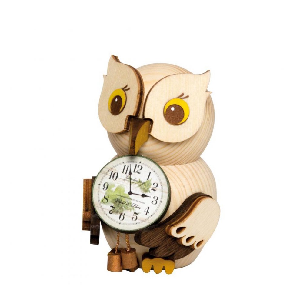 Holzfigur Mini-Eule mit Uhr