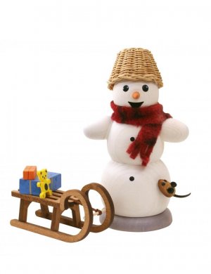 Räuchermann Schneemann mit Schlitten und Maus