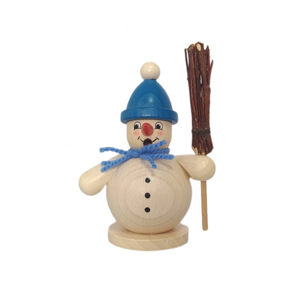 Räuchermann Schneemann mit Besen, blau