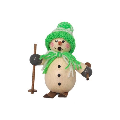 Räuchermann Schneemann mit grüner Mütze und Ski