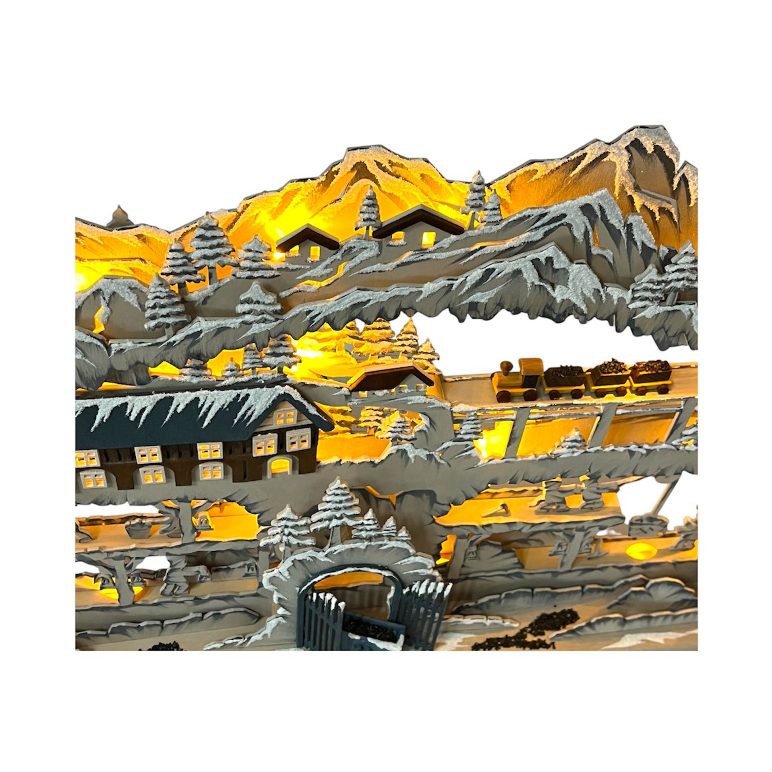 3D Schwibbogen Bergbau mit Raureif Detailansicht von schräg oben Mittig -beleuchtet
