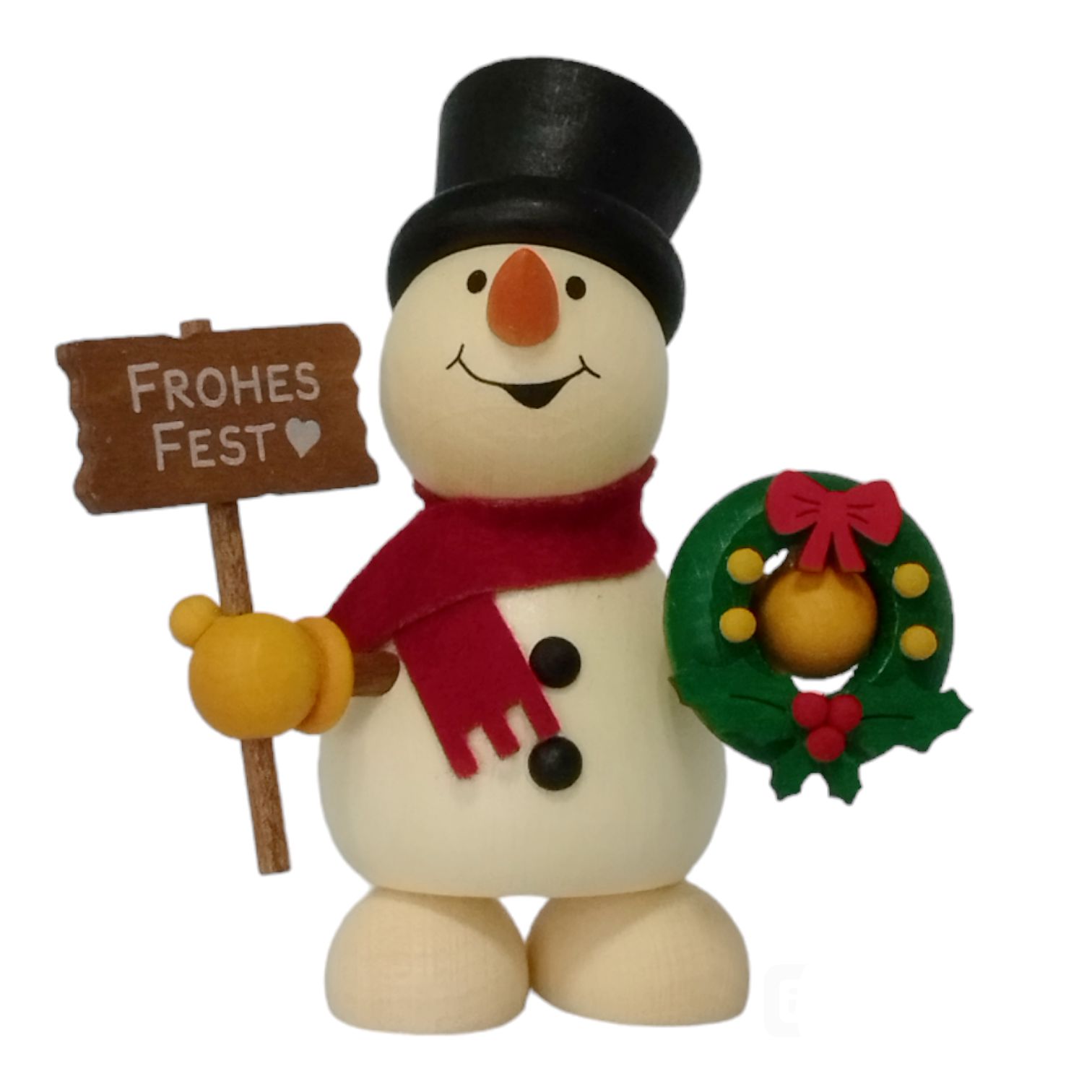 Schneemann mit Weihnachtskranz und Schild