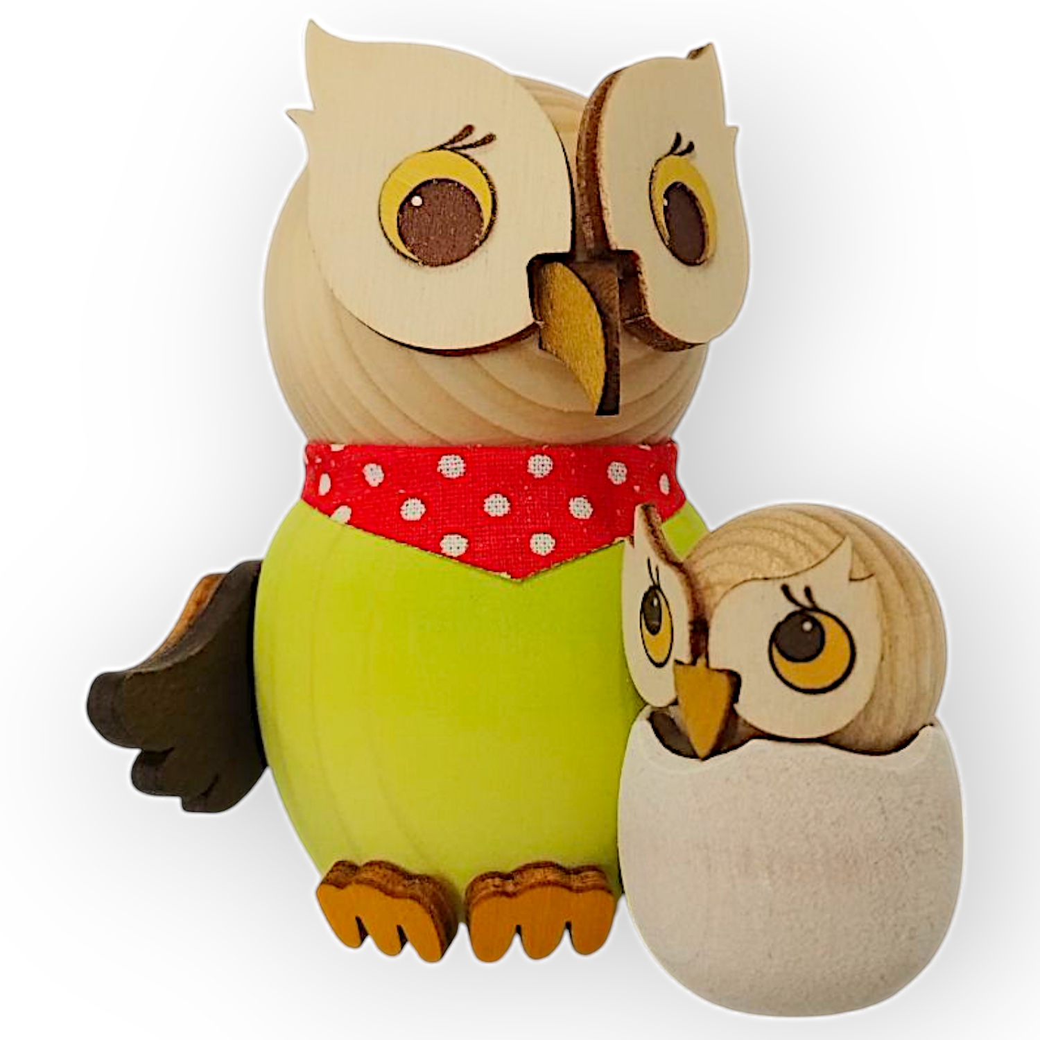 Holzfigur Mini-Eule mit Baby