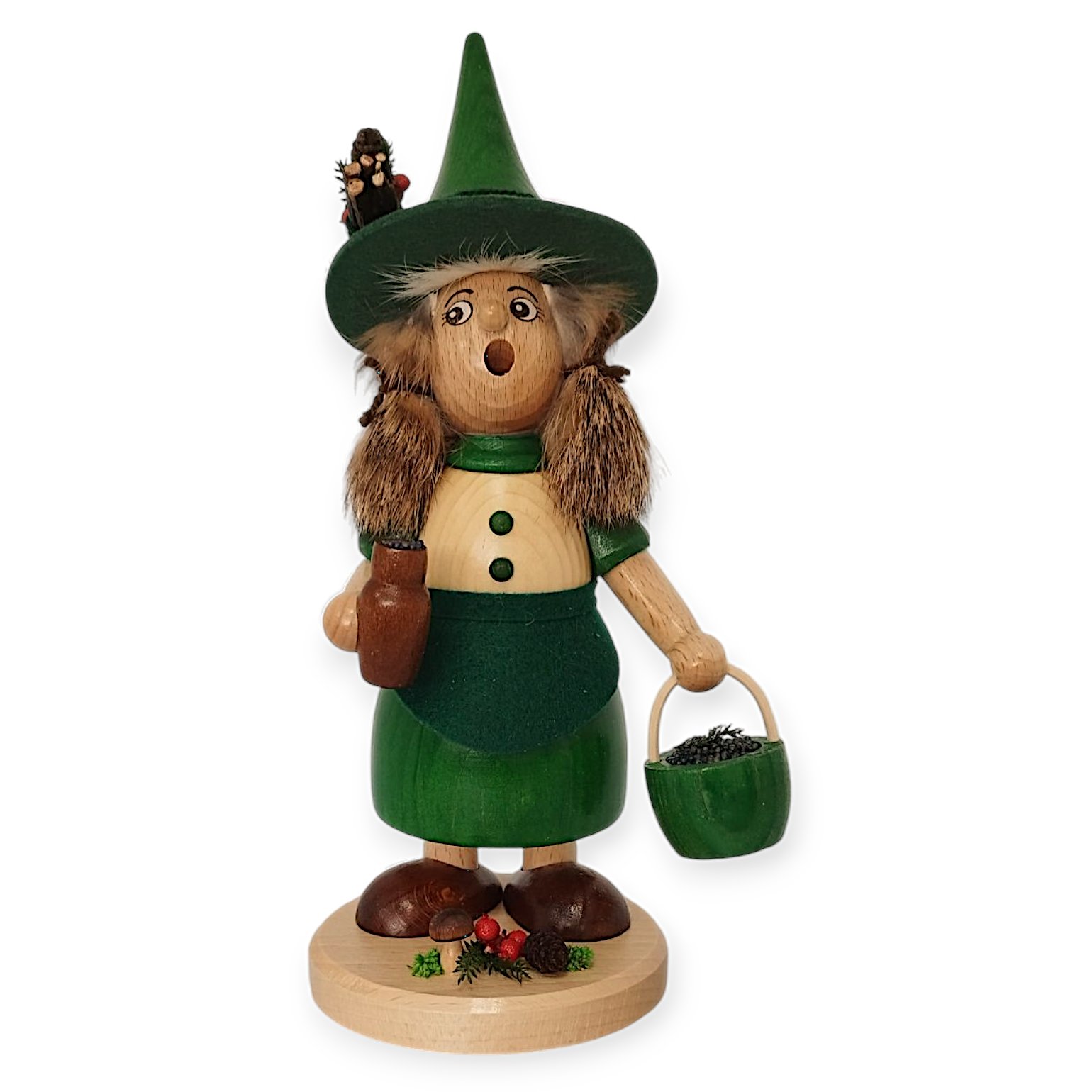 Räucherfigur Wichtelfrau Blaubeerensammlerin, grün
