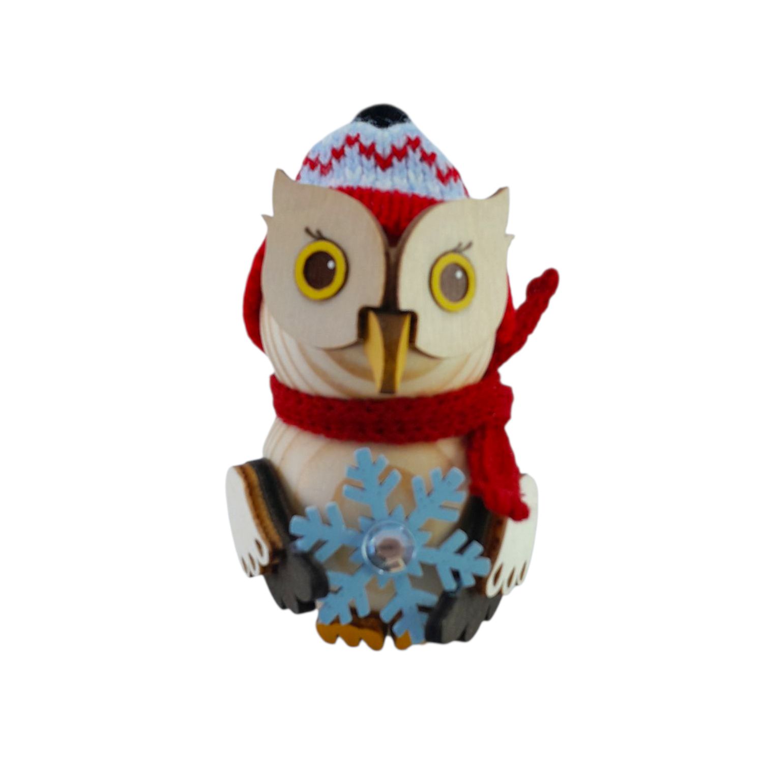 Holzfigur Mini-Eule mit Schneekristall