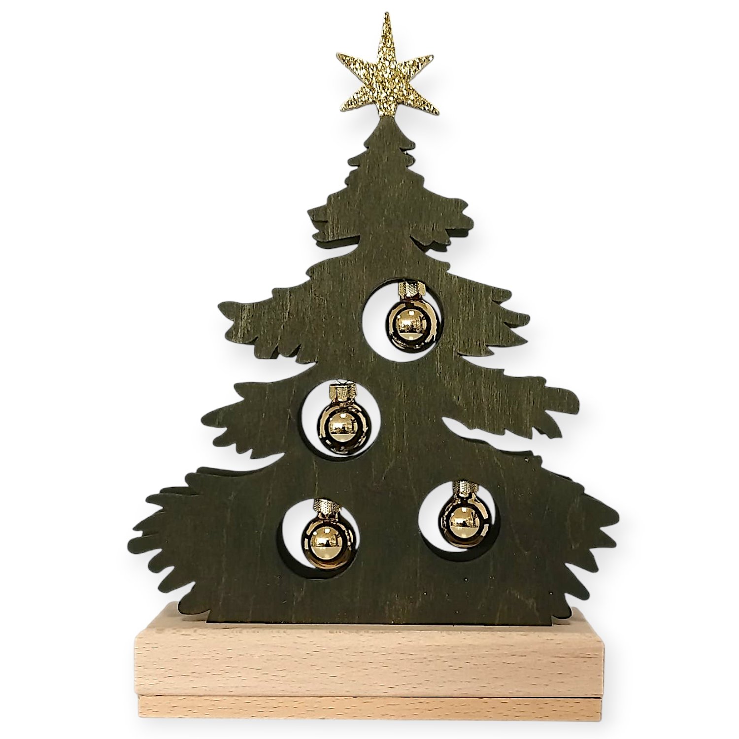 Lichtertanne grün gebeizt mit goldenen Kugeln, klein