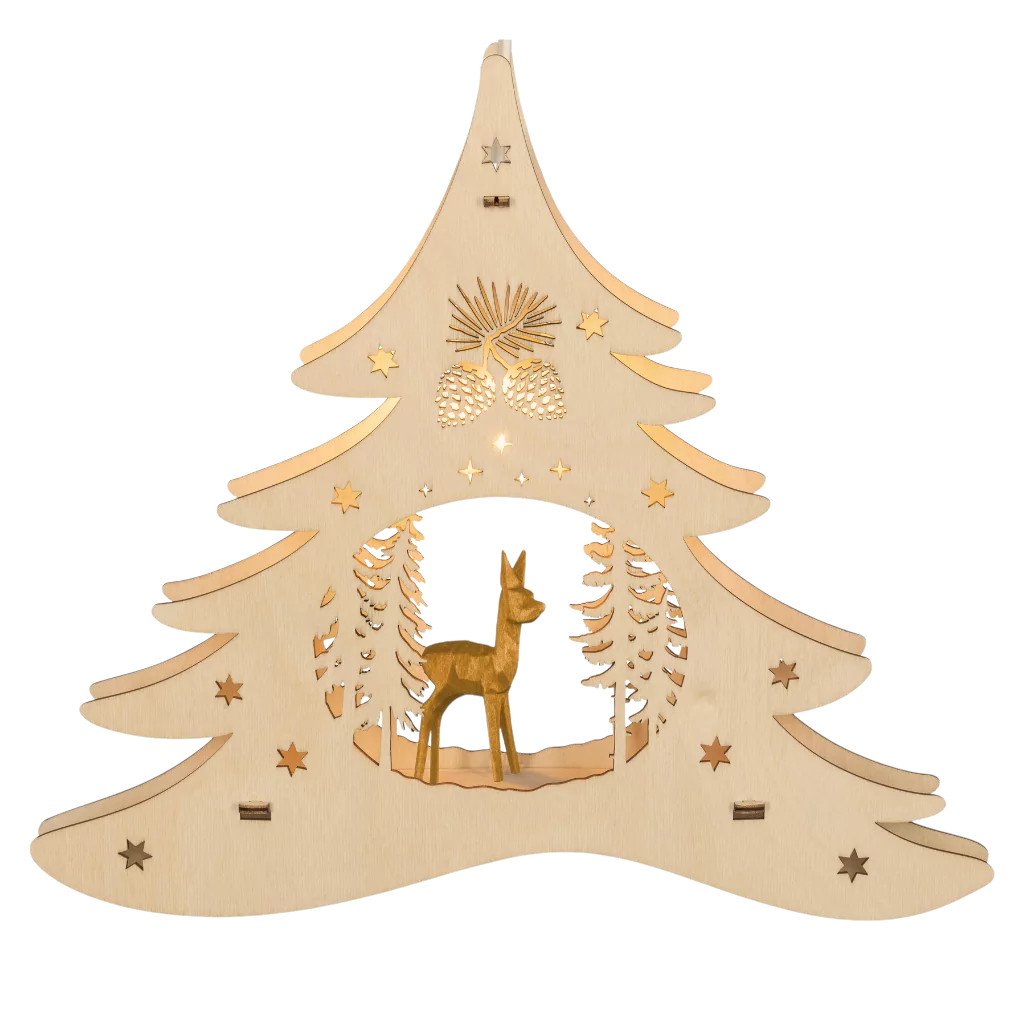 Fensterbild geschnitztes Reh im Tannenbaum, elektrisch