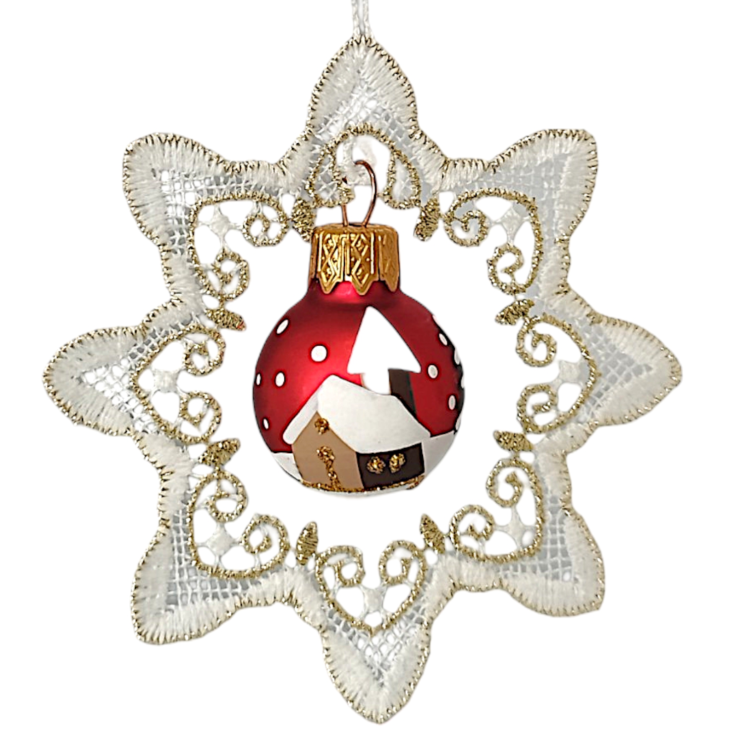 Baumbehang Plauener Spitze mit Christbaumkugel, rot