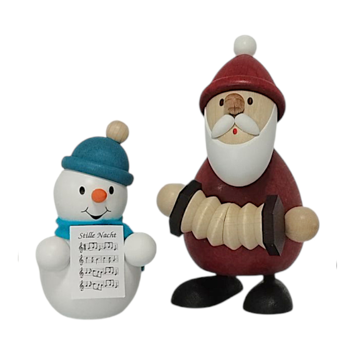 Weihnachtsmann mit Ziehharmonika und Schneemann