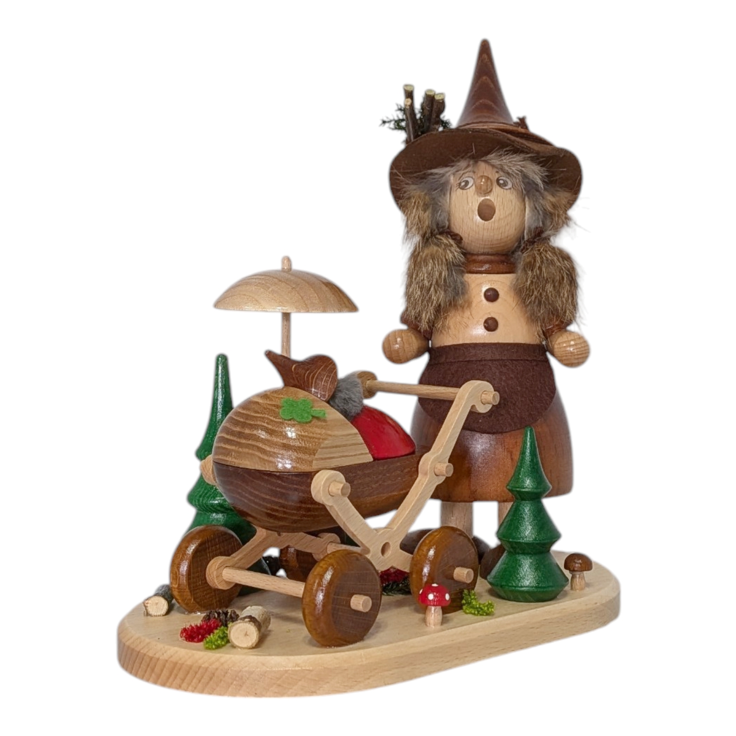 Räucherfigur Wichtelfrau mit Kinderwagen