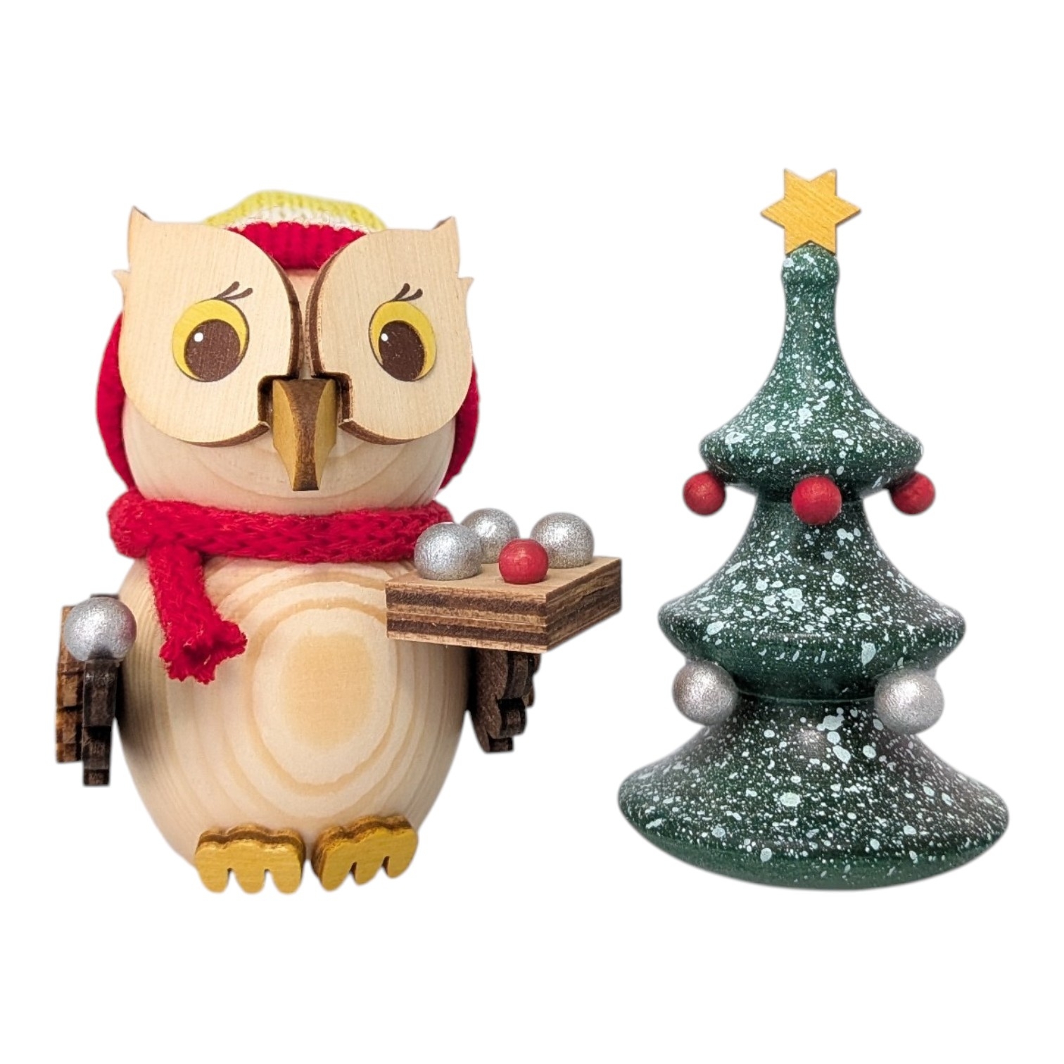 Holzfigur Mini-Eule mit Weihnachtsbaum