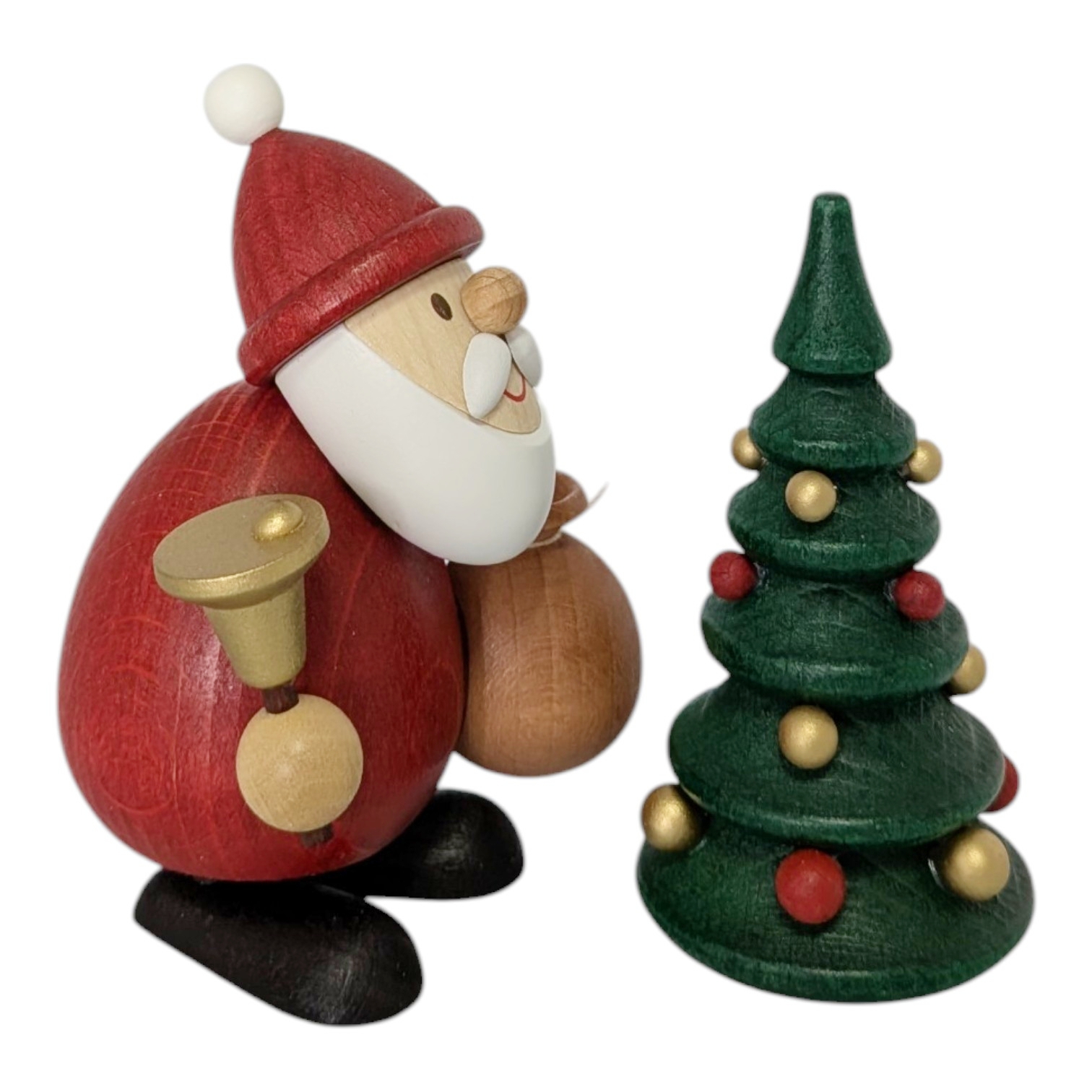 Weihnachtsmann mit Glocke, Sack und Weihnachtsbaum