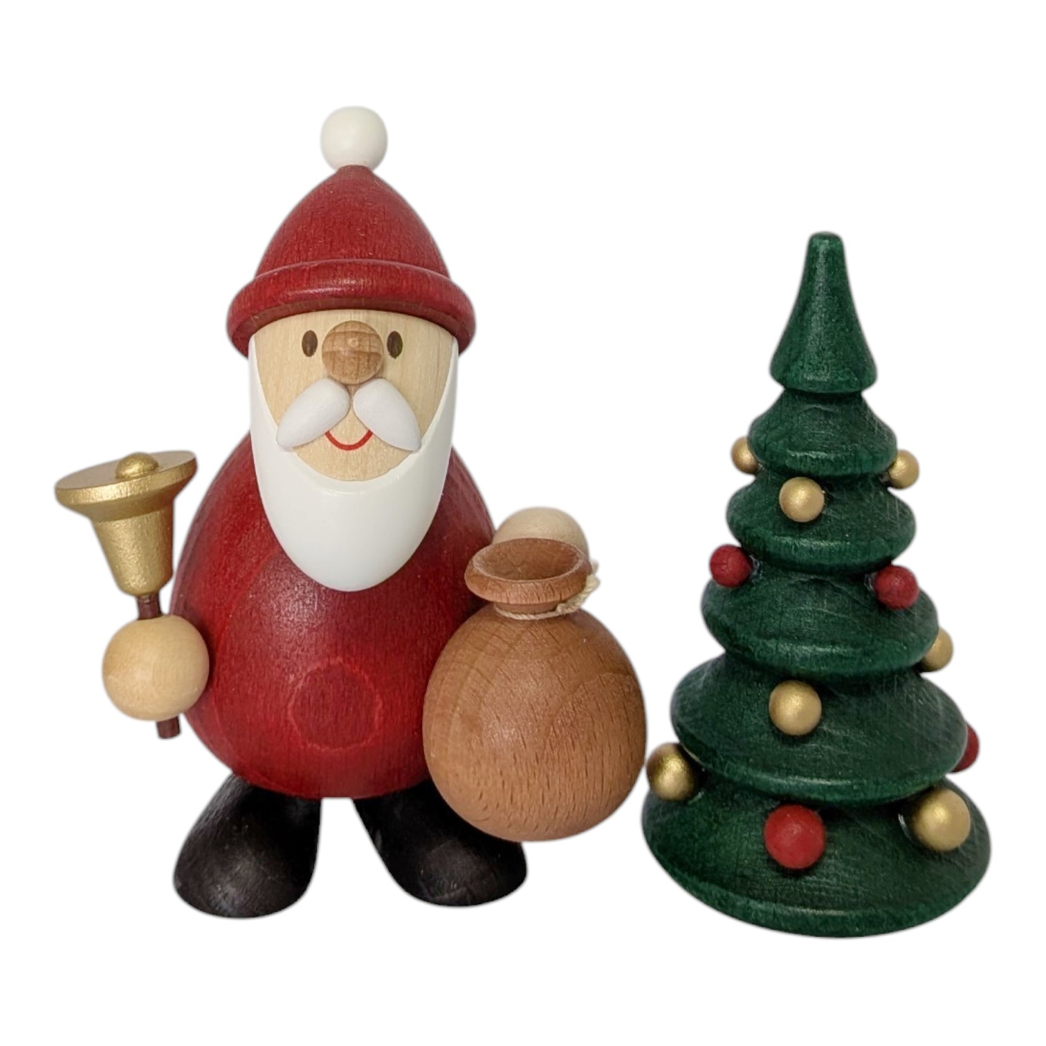 Weihnachtsmann mit Glocke, Sack und Weihnachtsbaum