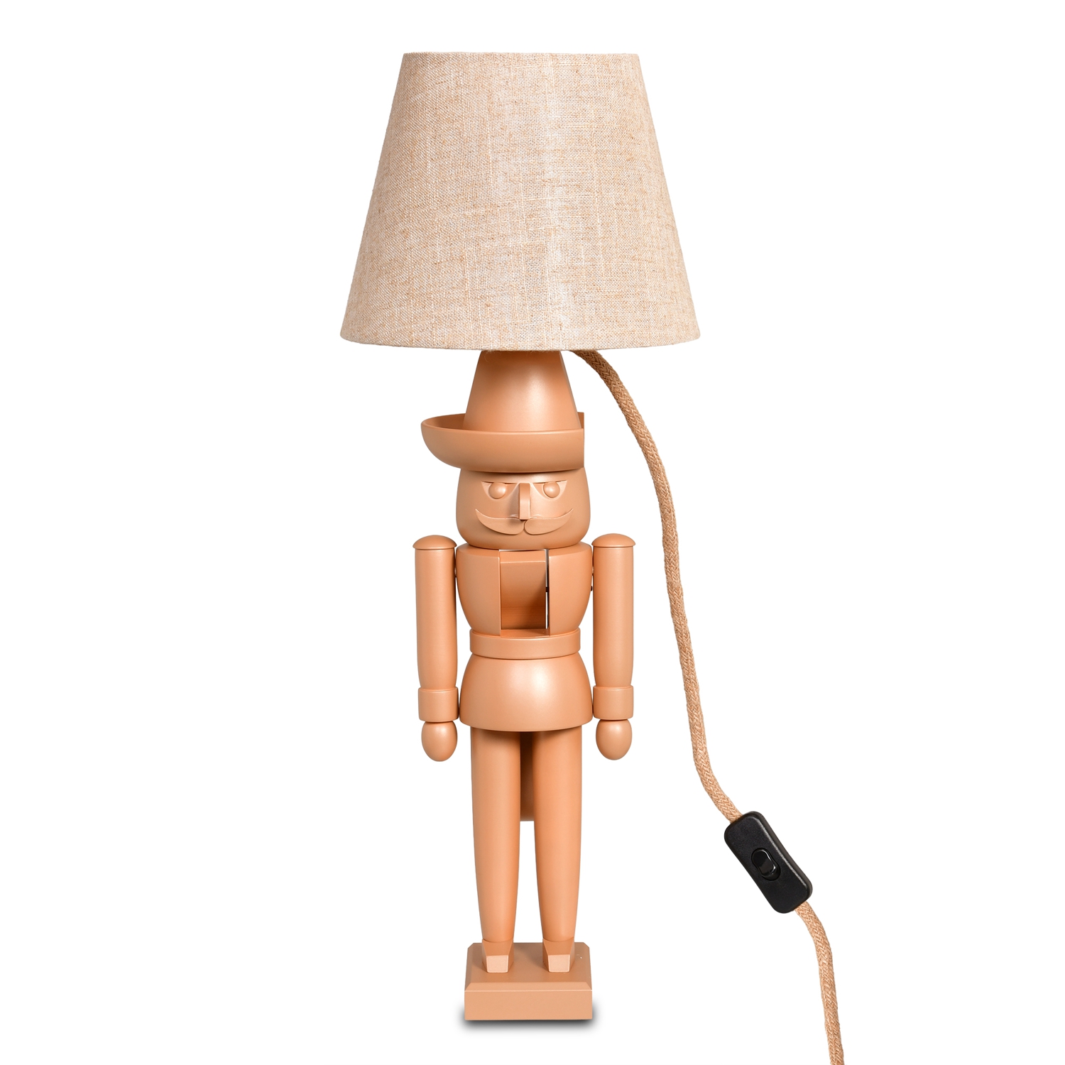Tischlampe Nussknacker, Ocker und Naturleinen